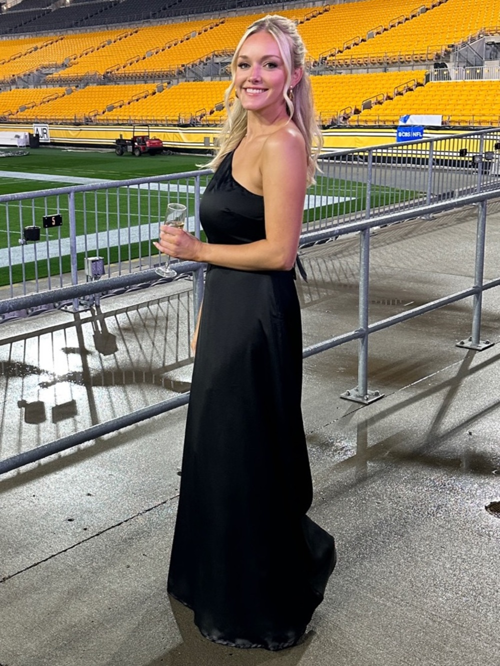 Show Me Your Mumu Black Satin Maxi Dress with Bedazzled One Shoulder Strap